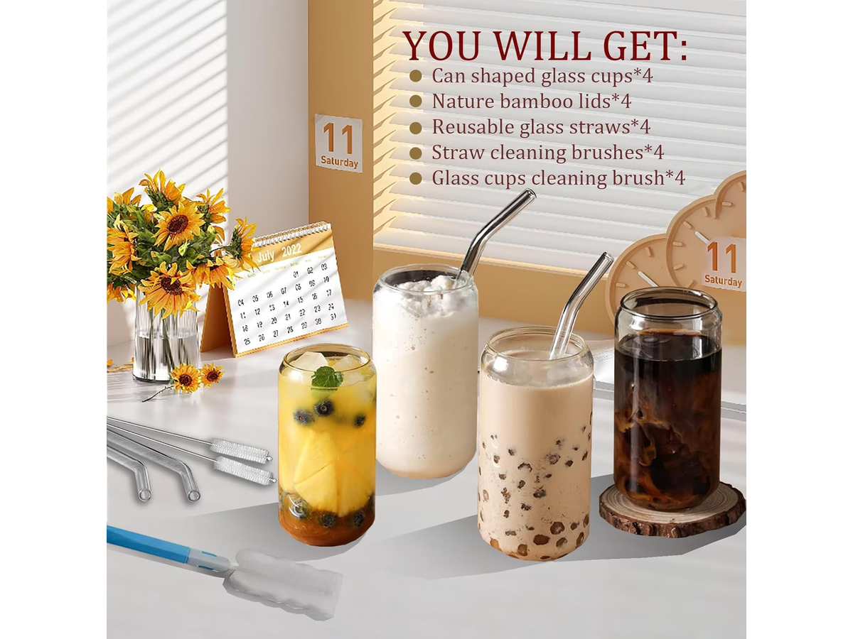 Iced Coffee Glass Cups 4 Pack 470ml with Bamboo Lids and Glass Straws