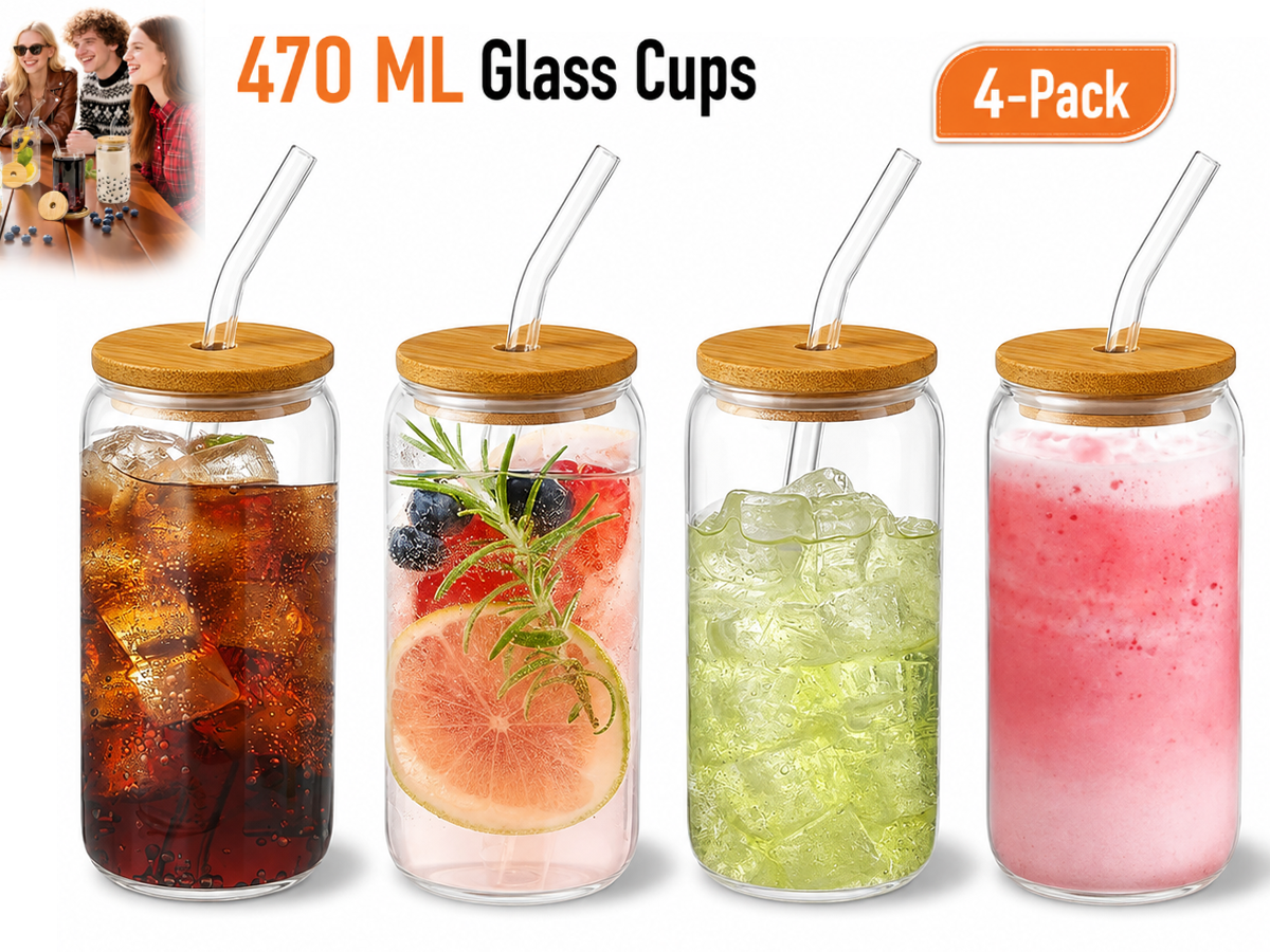 Iced Coffee Glass Cups 4 Pack 470ml with Bamboo Lids and Glass Straws
