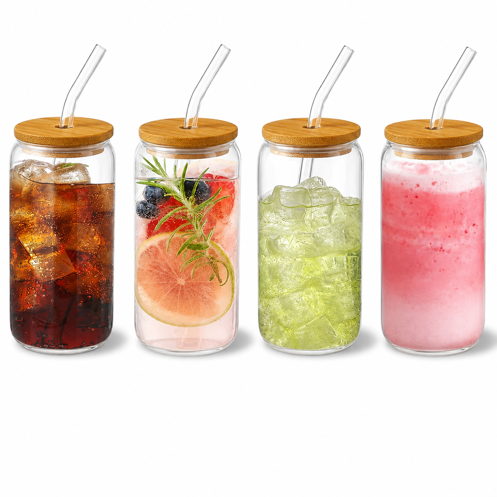 Iced Coffee Glass Cups 4 Pack 470ml with Bamboo Lids and Glass Straws