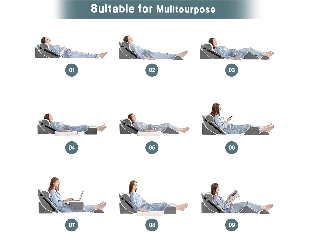 Wedge Pillow 6 Piece Memory Foam Adjustable Bed Support Pillow Set