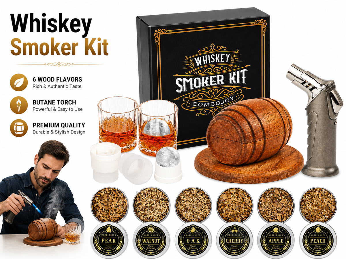 Whiskey Smoker Kit with Torch 6 Wood Chip Flavours 2 Glasses & Ice Moulds
