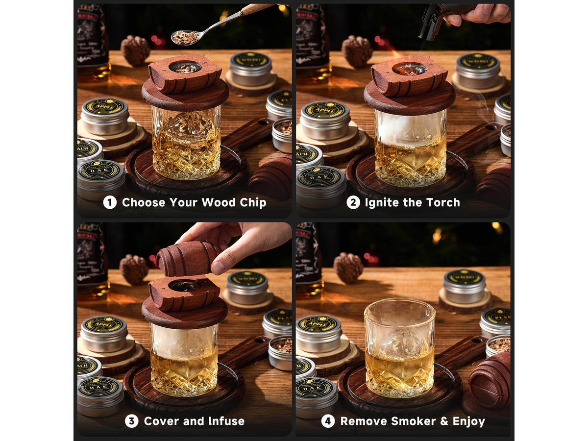 Whiskey Smoker Kit with Torch 6 Wood Chip Flavours 2 Glasses & Ice Moulds