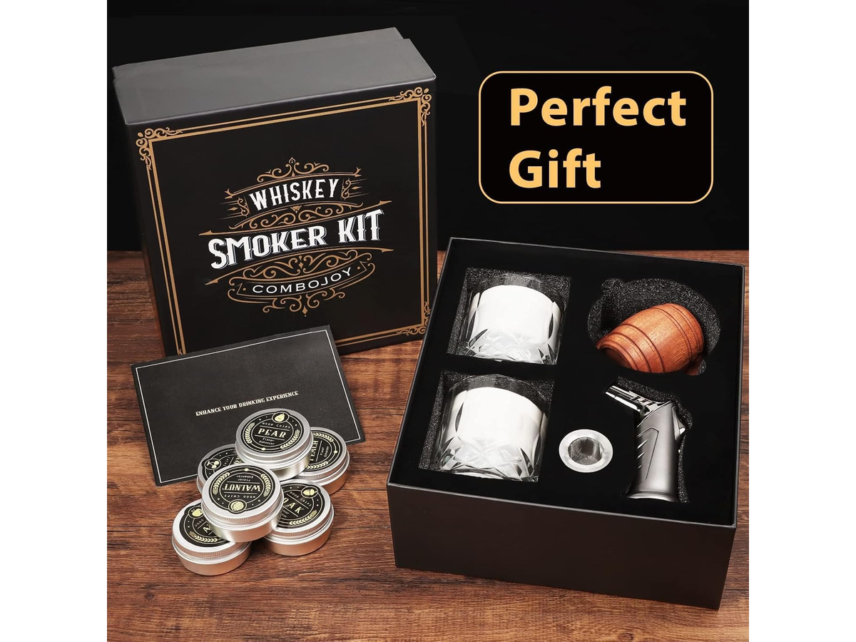 Whiskey Smoker Kit with Torch 6 Wood Chip Flavours 2 Glasses & Ice Moulds