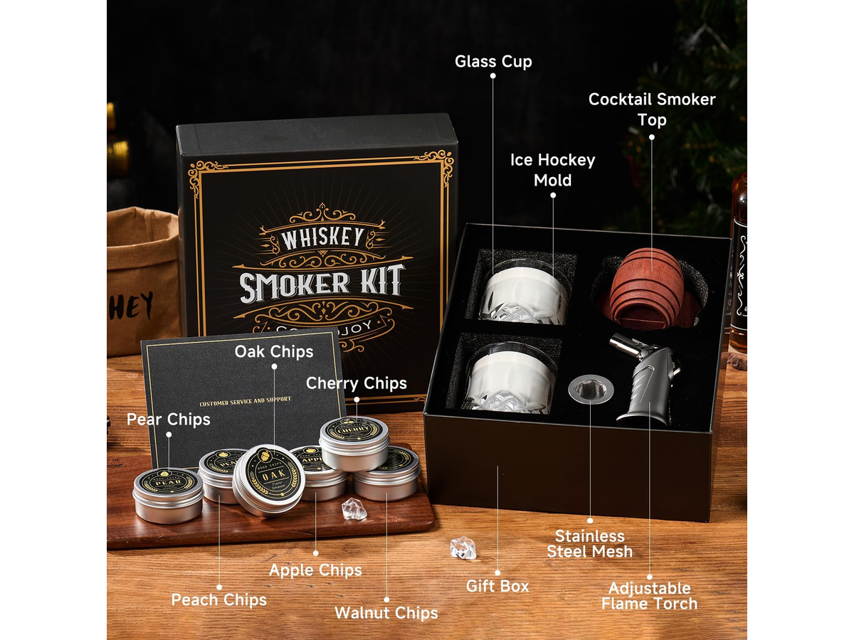 Whiskey Smoker Kit with Torch 6 Wood Chip Flavours 2 Glasses & Ice Moulds