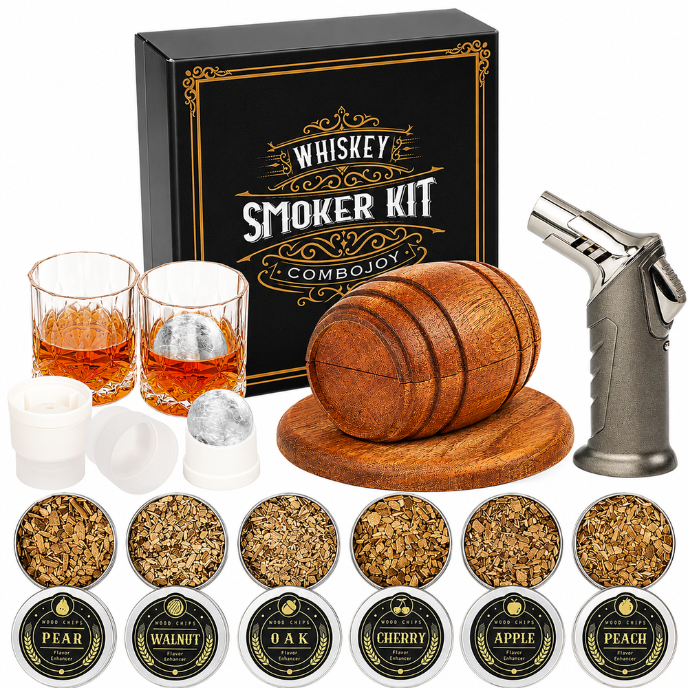 Whiskey Smoker Kit with Torch 6 Wood Chip Flavours 2 Glasses & Ice Moulds