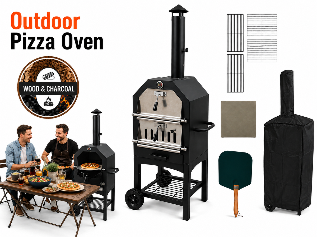 Outdoor Pizza Oven Wood Fired Pizza Maker with Pizza Stone Peel Grill Rack & Thermometer
