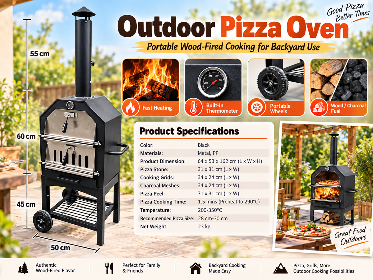 Outdoor Pizza Oven Wood Fired Pizza Maker with Pizza Stone Peel Grill Rack & Thermometer