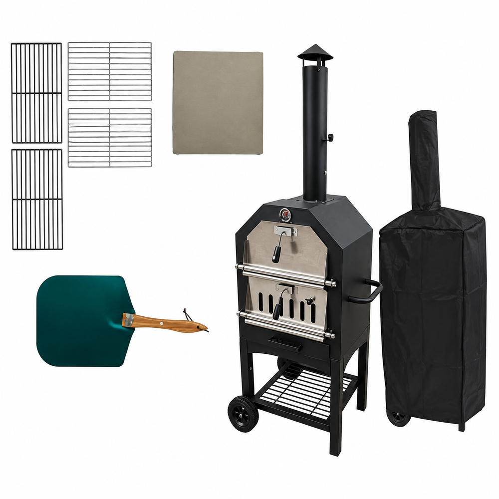 Outdoor Pizza Oven Wood Fired Pizza Maker with Pizza Stone Peel Grill Rack & Thermometer