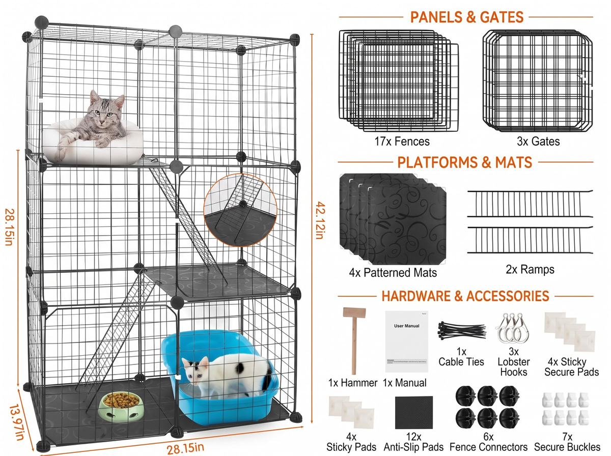 Cat Cage Enclosure Crate 3 Tier Detachable Indoor Pet Cage