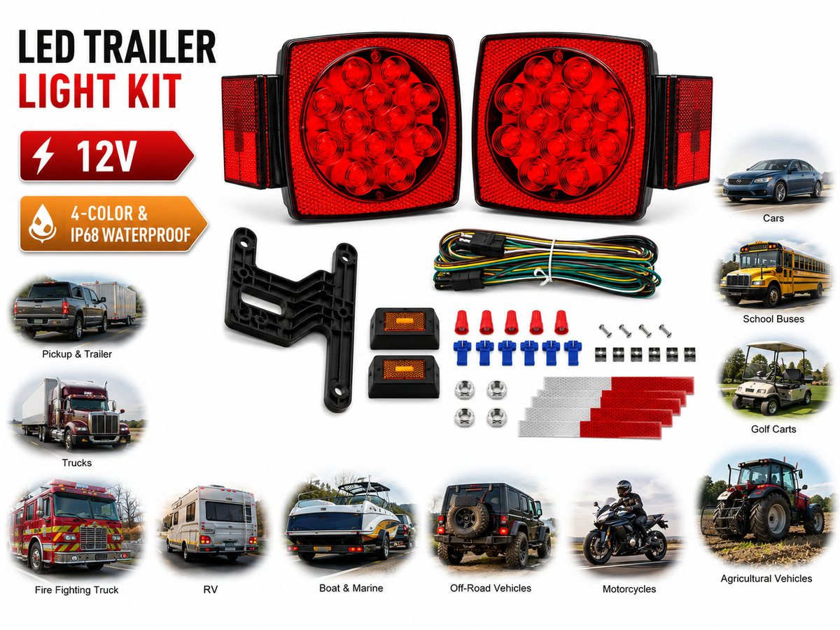 LED Trailer Light Kit IP68 Waterproof with 8FT Wiring Harness