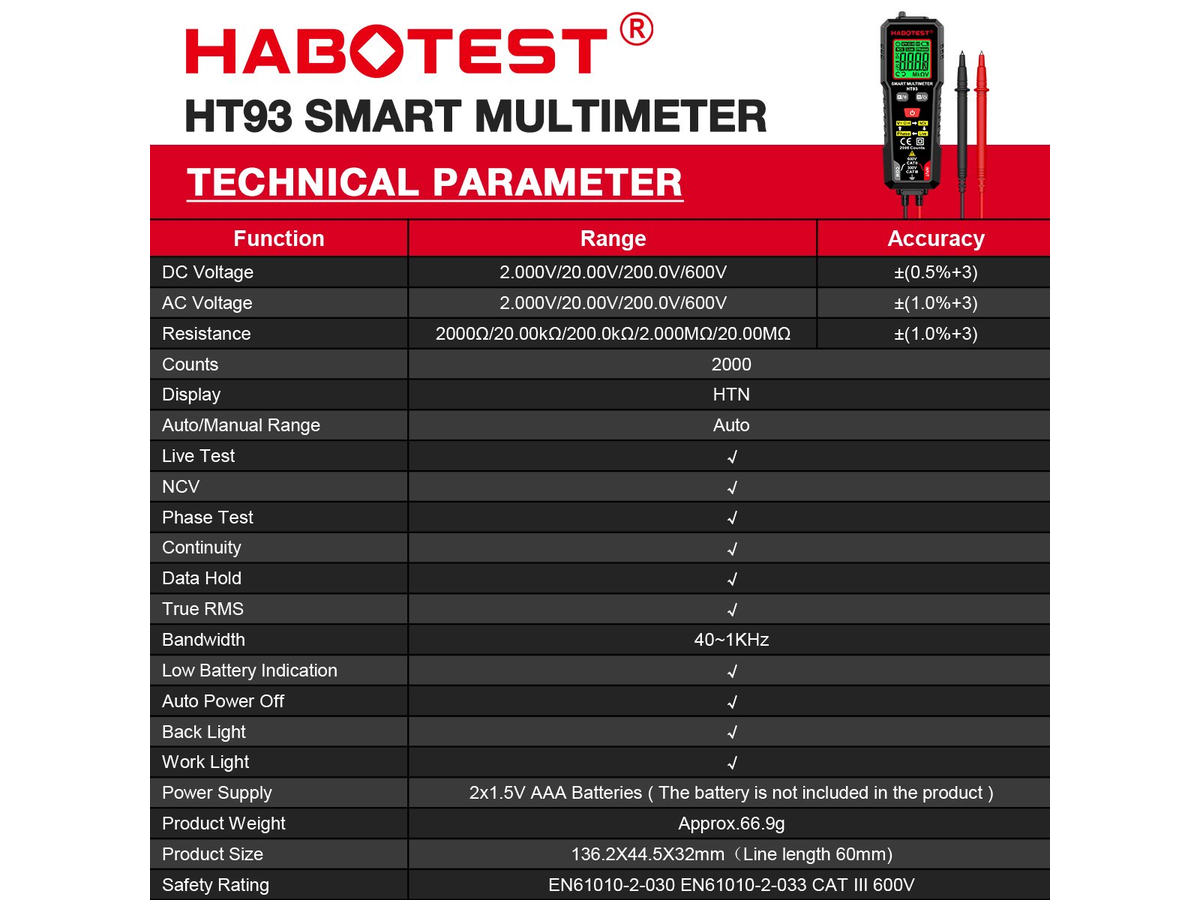 Smart Multimeter TRMS 2000 Counts Voltmeter with NCV