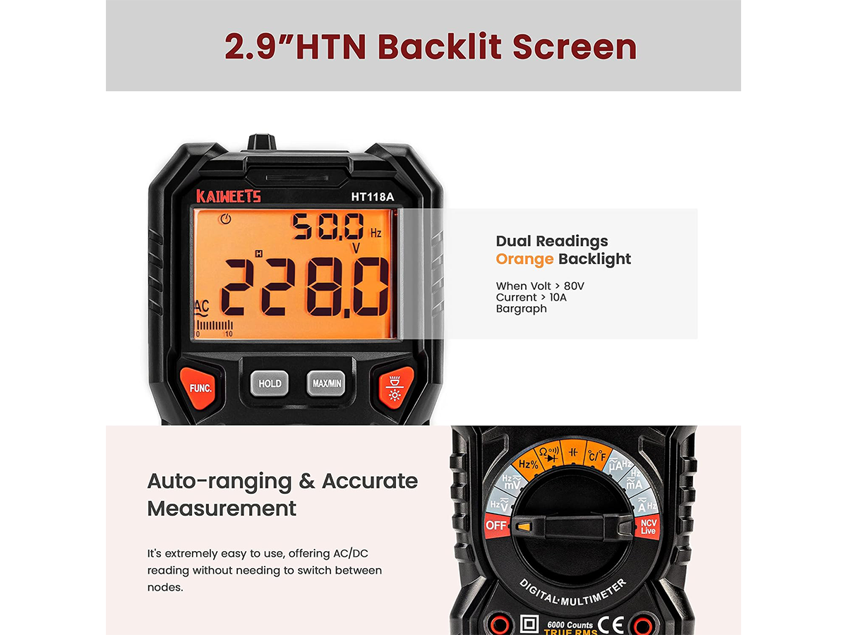 Digital Multimeter TRMS 6000 Counts Auto Ranging AC DC Voltage Current Tester