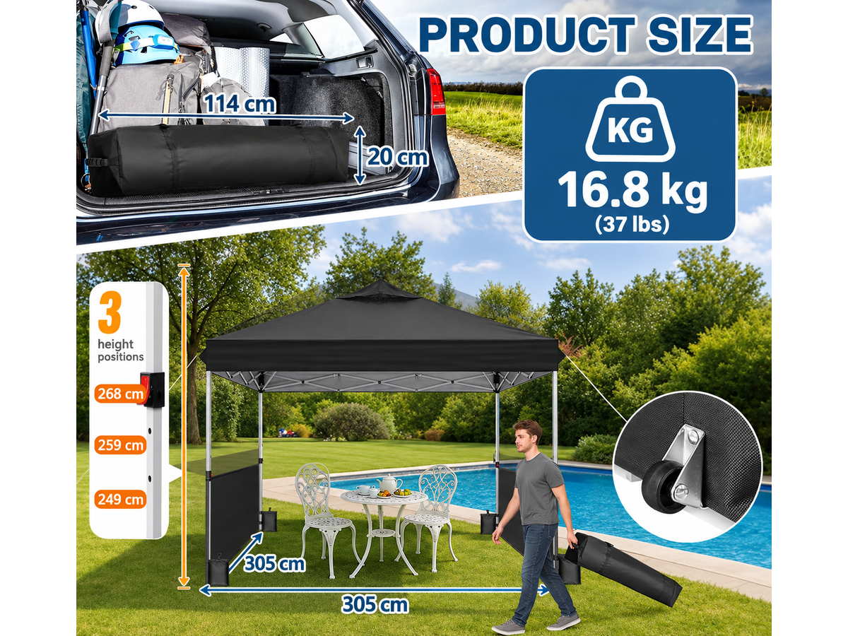 Foldable Outdoor Pop Up Gazebo 3x3M with Side Panels