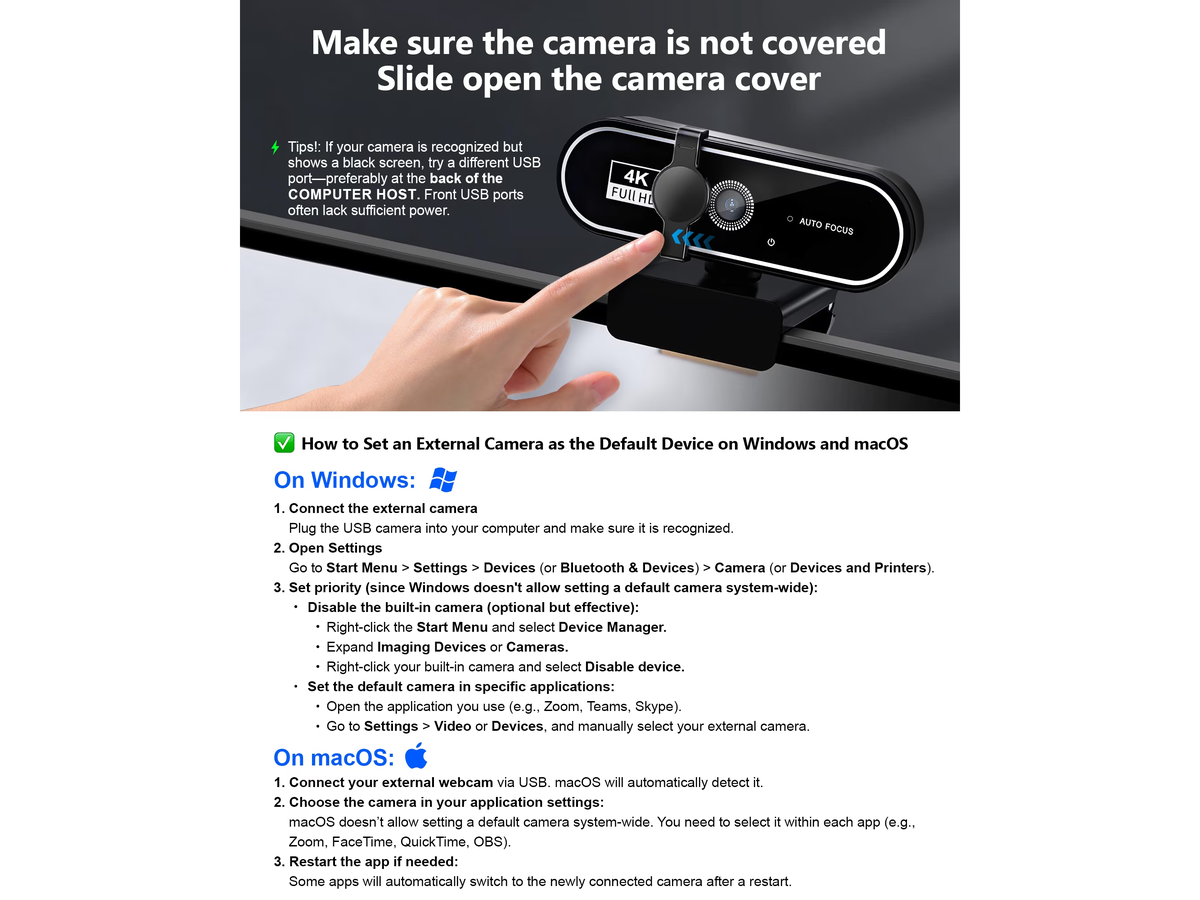 Webcam Web Camera 4K HD USB Autofocus with Dual Microphones for PC Laptop