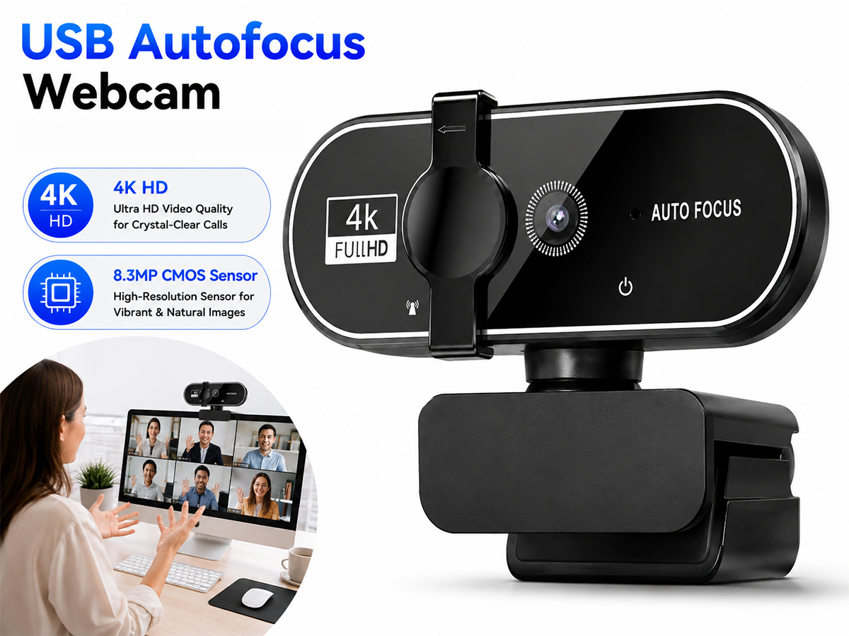 Webcam Web Camera 4K HD USB Autofocus with Dual Microphones for PC Laptop