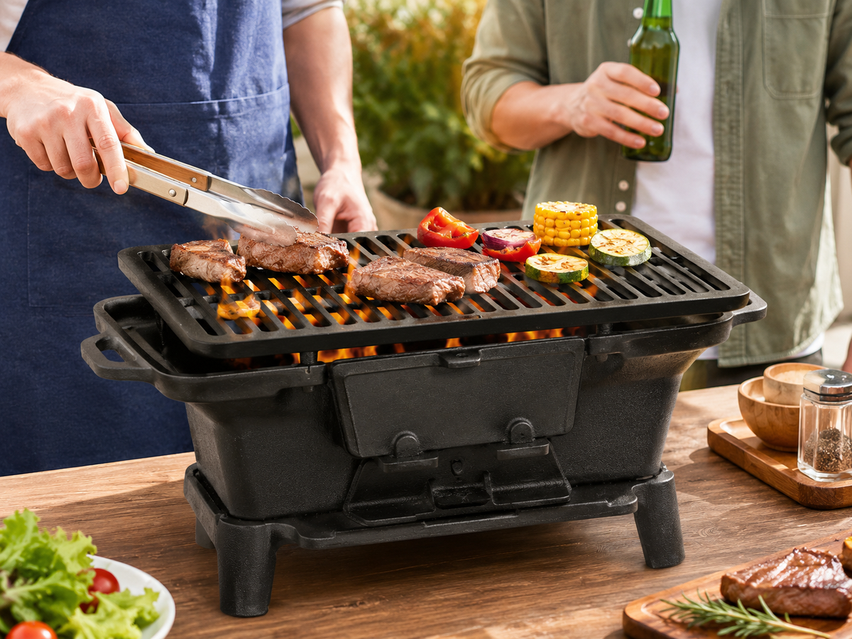 Cast Iron Hibachi Grill Portable Tabletop Charcoal BBQ Grill