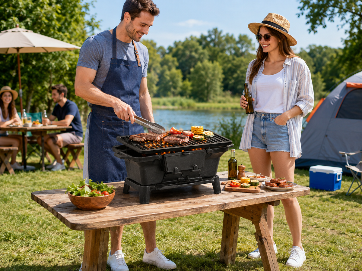 Cast Iron Hibachi Grill Portable Tabletop Charcoal BBQ Grill