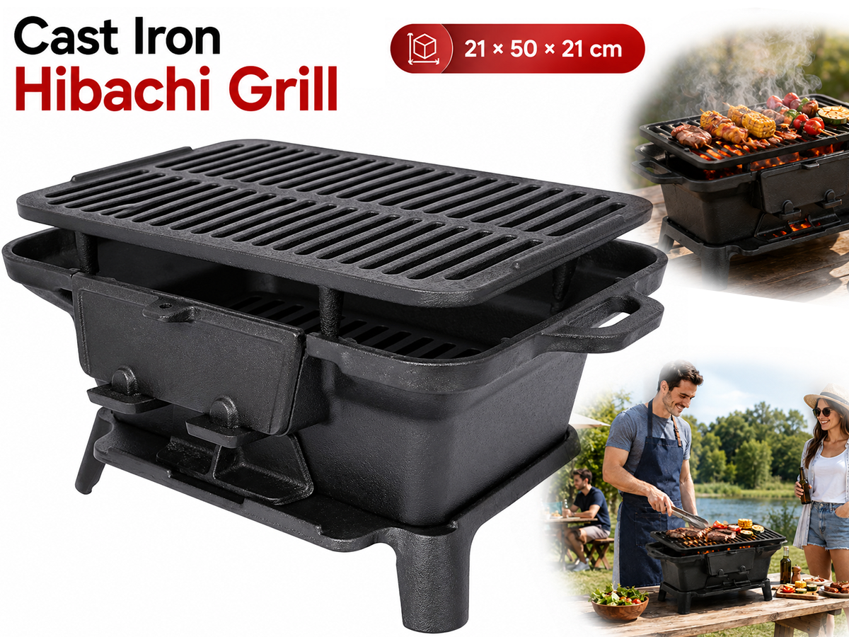 Cast Iron Hibachi Grill Portable Tabletop Charcoal BBQ Grill