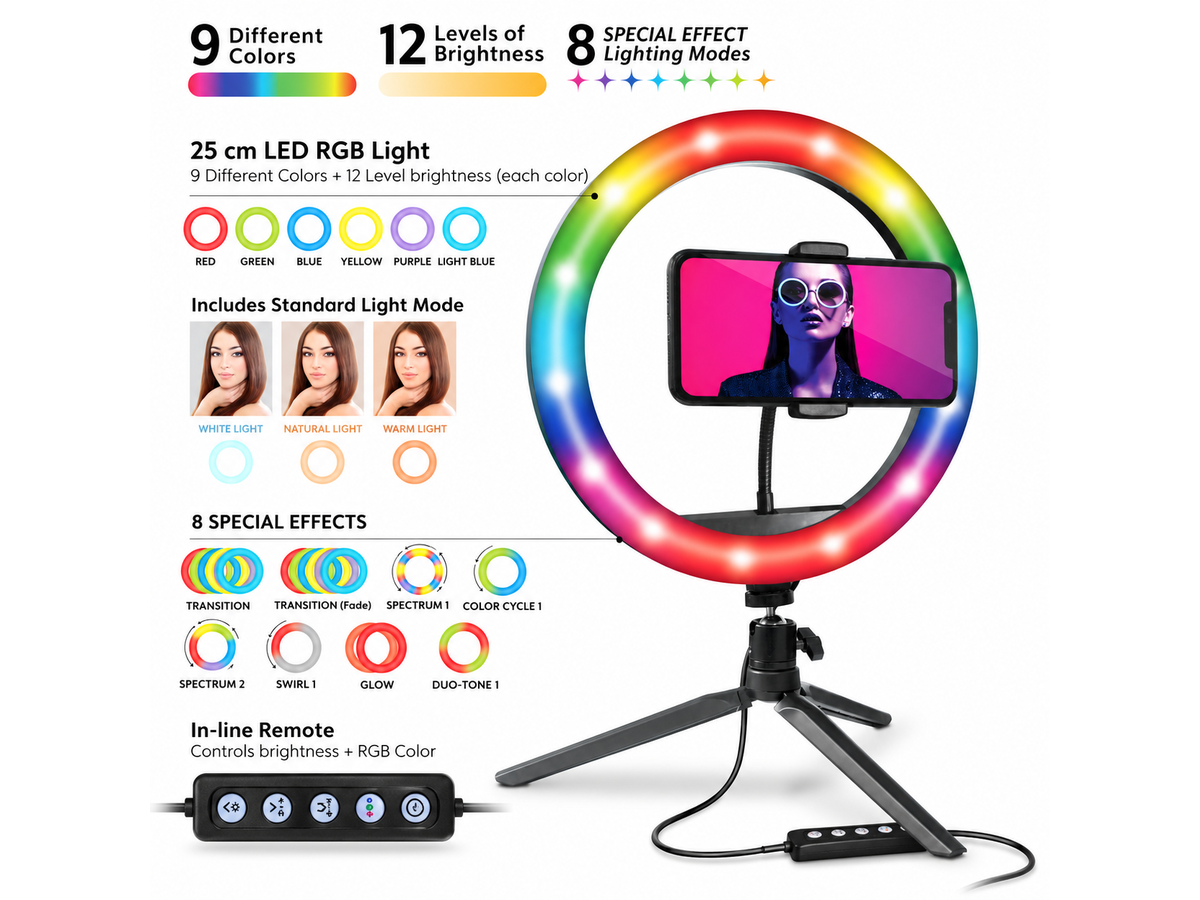 Selfie Ring Light 10 Inch RGB LED Studio Kit with Phone Holder