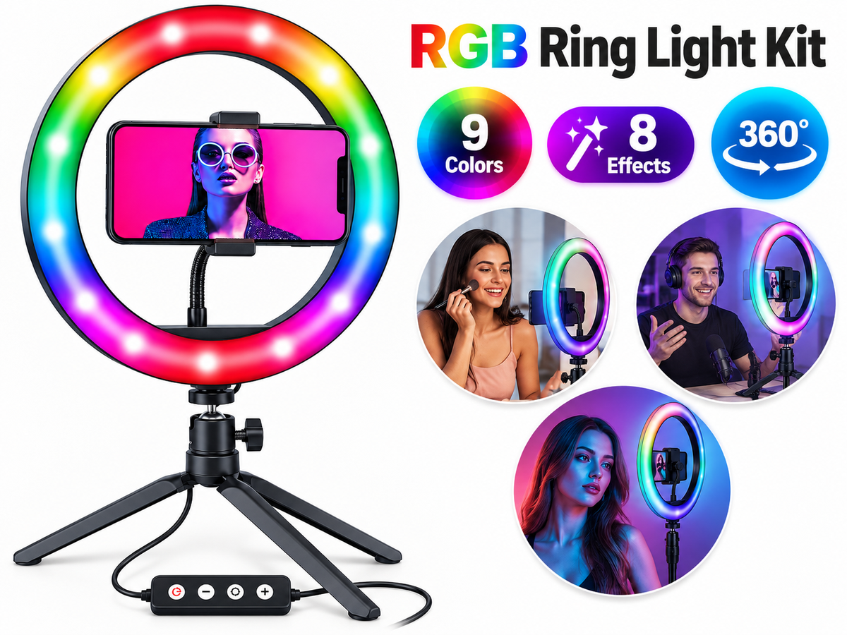Selfie Ring Light 10 Inch RGB LED Studio Kit with Phone Holder
