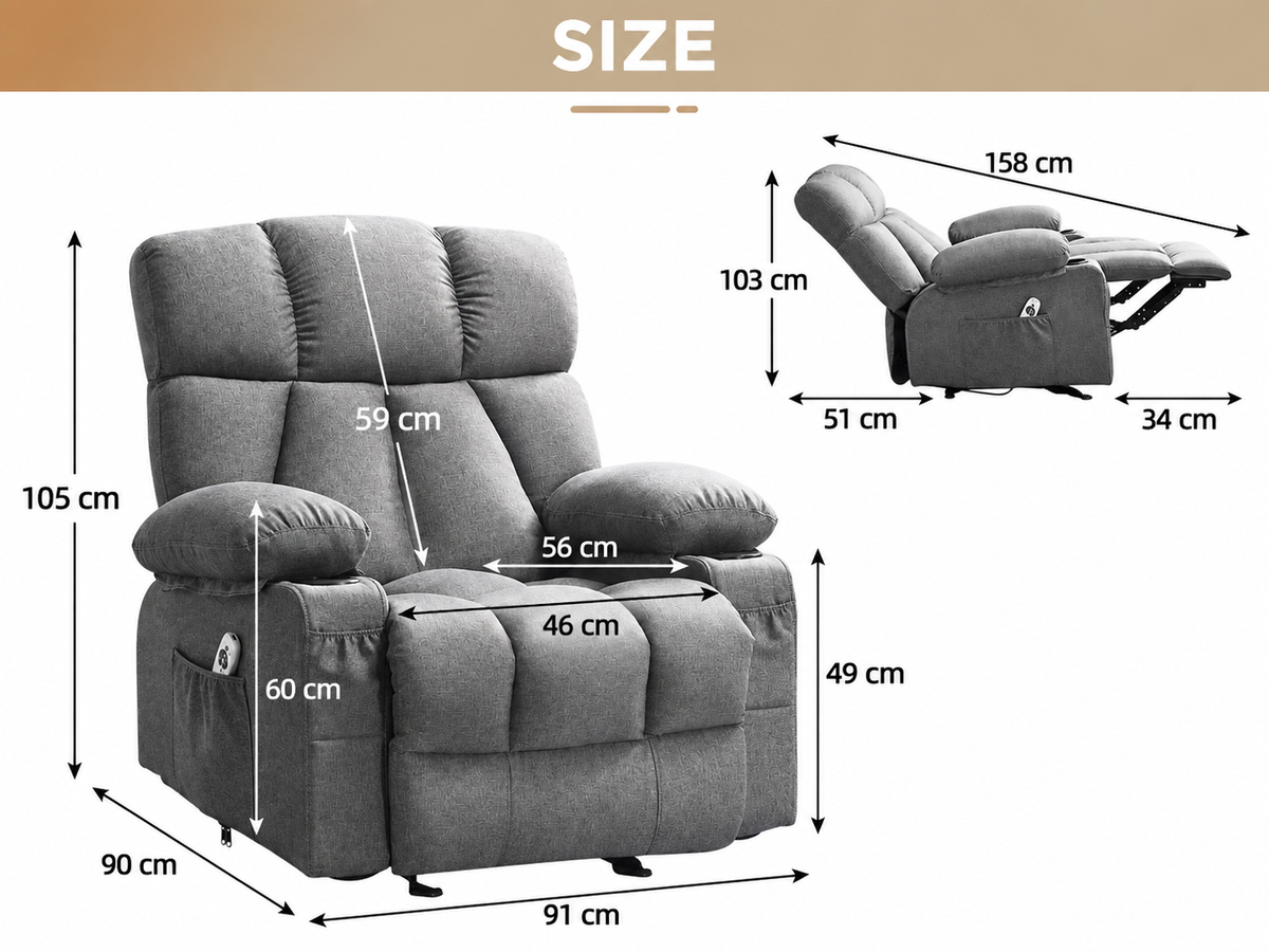 Manual Recliner Chair with Heat Massage Cup Holders Side Pockets