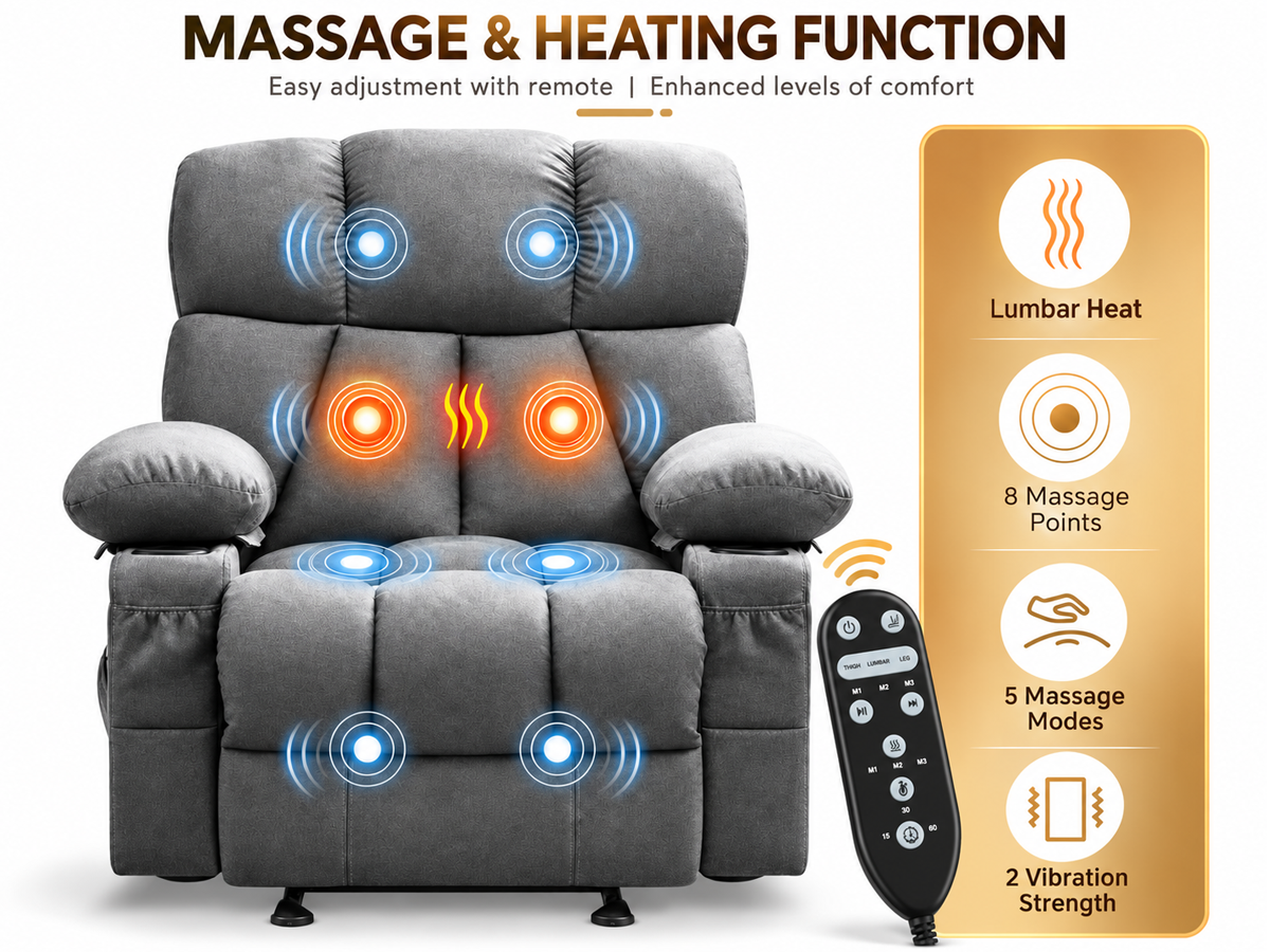 Manual Recliner Chair with Heat Massage Cup Holders Side Pockets
