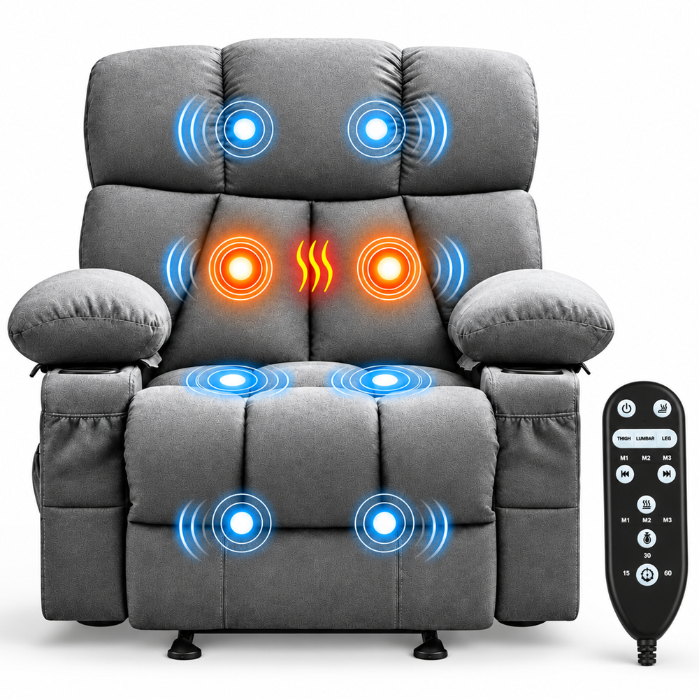 Manual Recliner Chair with Heat Massage Cup Holders Side Pockets