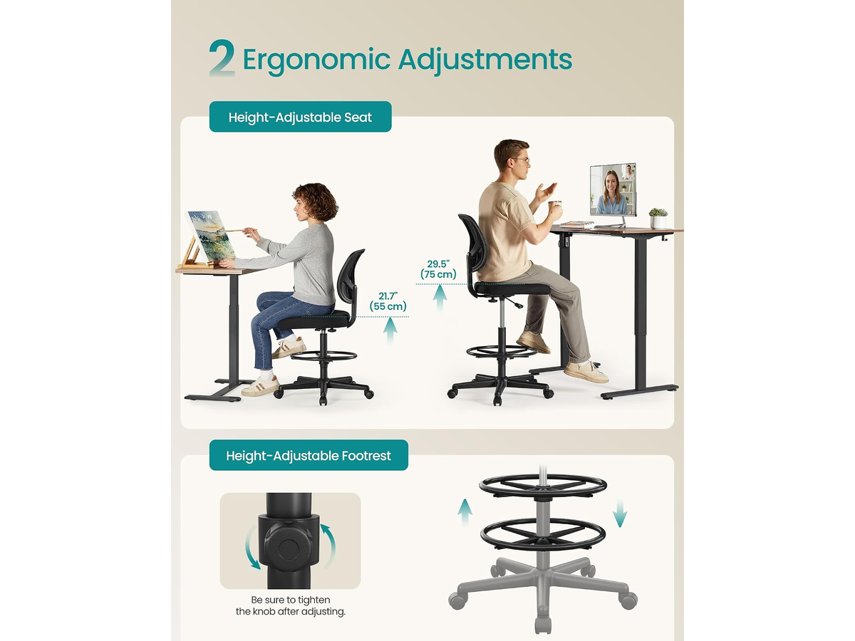 Ergonomic Drafting Chair with Footrest Ring
