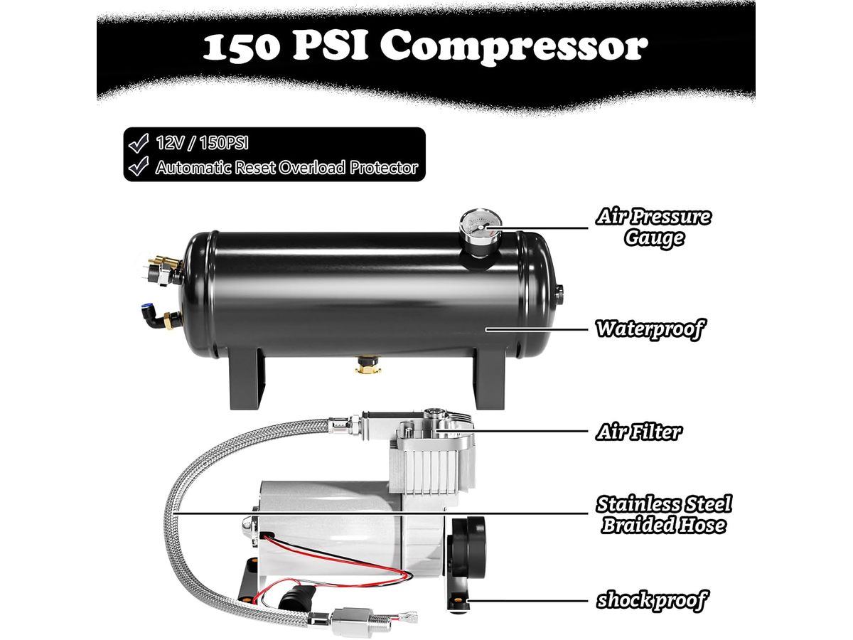 Train Air Horn Kit 12V 4 Horn System with 6L Air Tank & 150 PSI Compressor