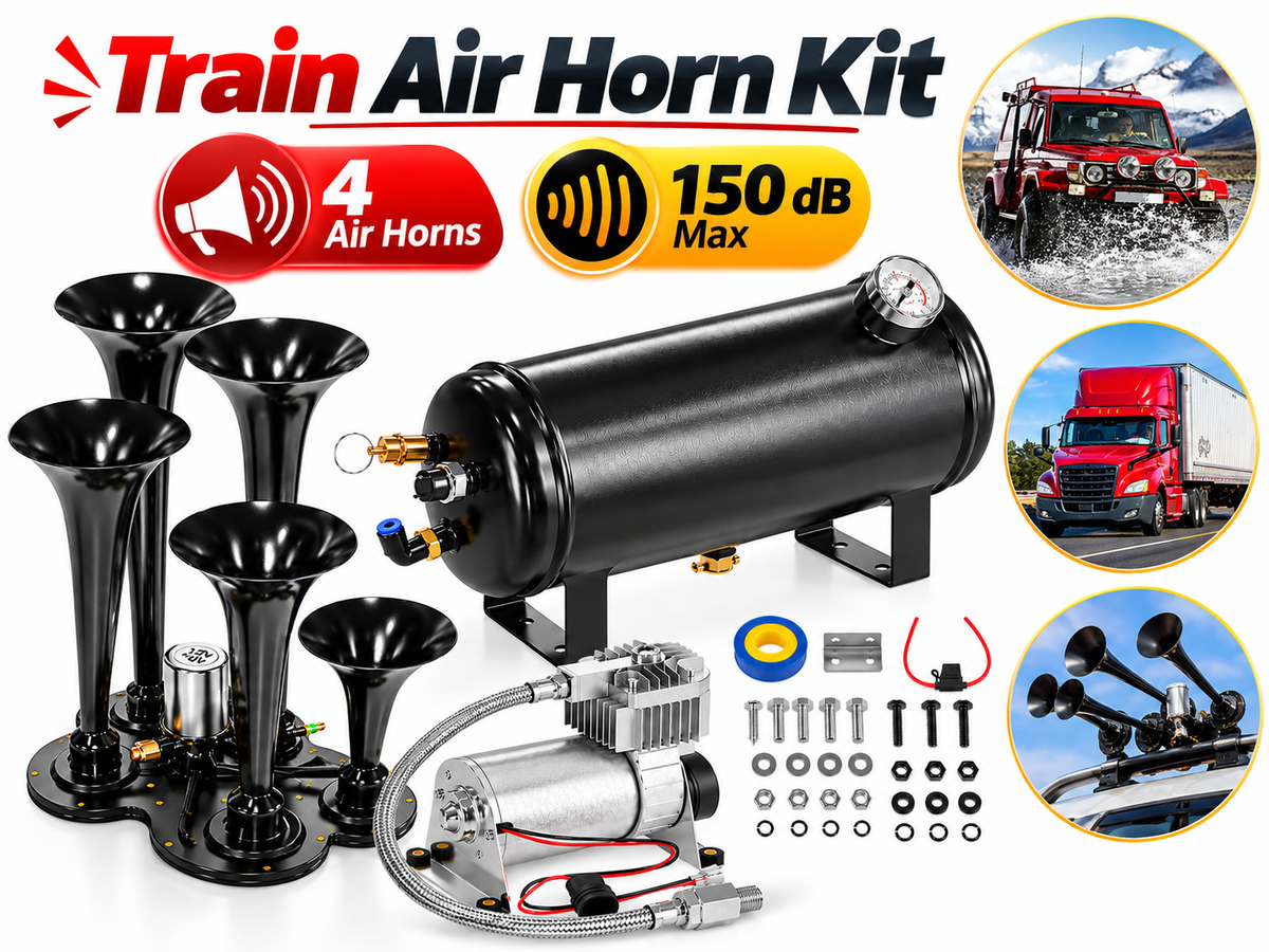 Train Air Horn Kit 12V 4 Horn System with 6L Air Tank & 150 PSI Compressor