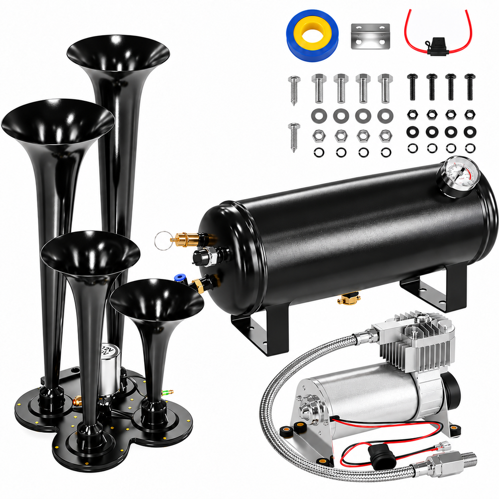 Train Air Horn Kit 12V 4 Horn System with 6L Air Tank & 150 PSI Compressor