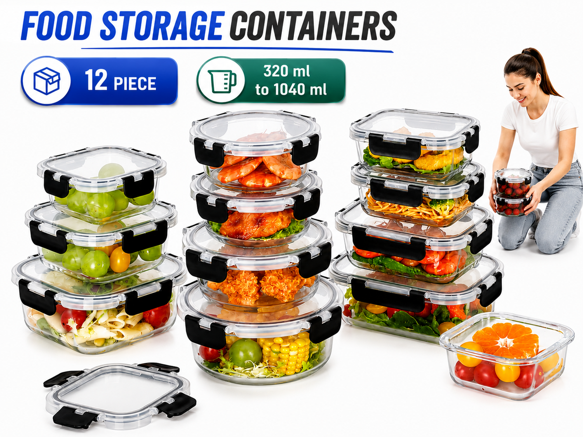 Glass Food Container Set 12 Piece with Locking Lids Meal Prep Storage Containers