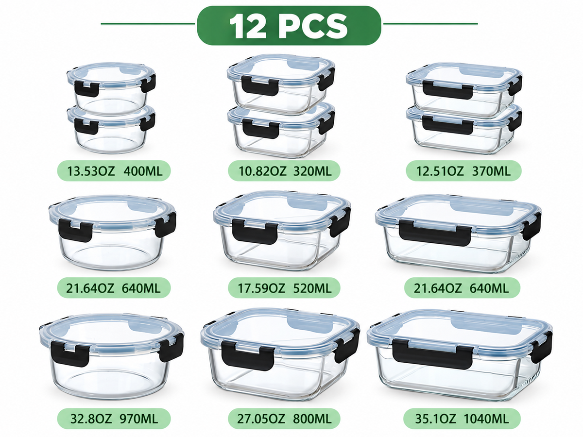 Glass Food Container Set 12 Piece with Locking Lids Meal Prep Storage Containers