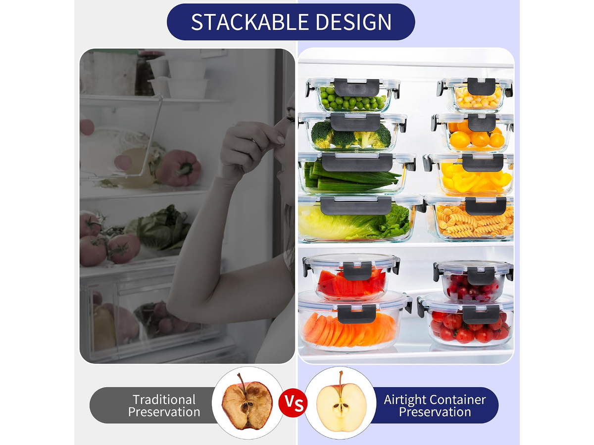 Glass Food Container Set 12 Piece with Locking Lids Meal Prep Storage Containers