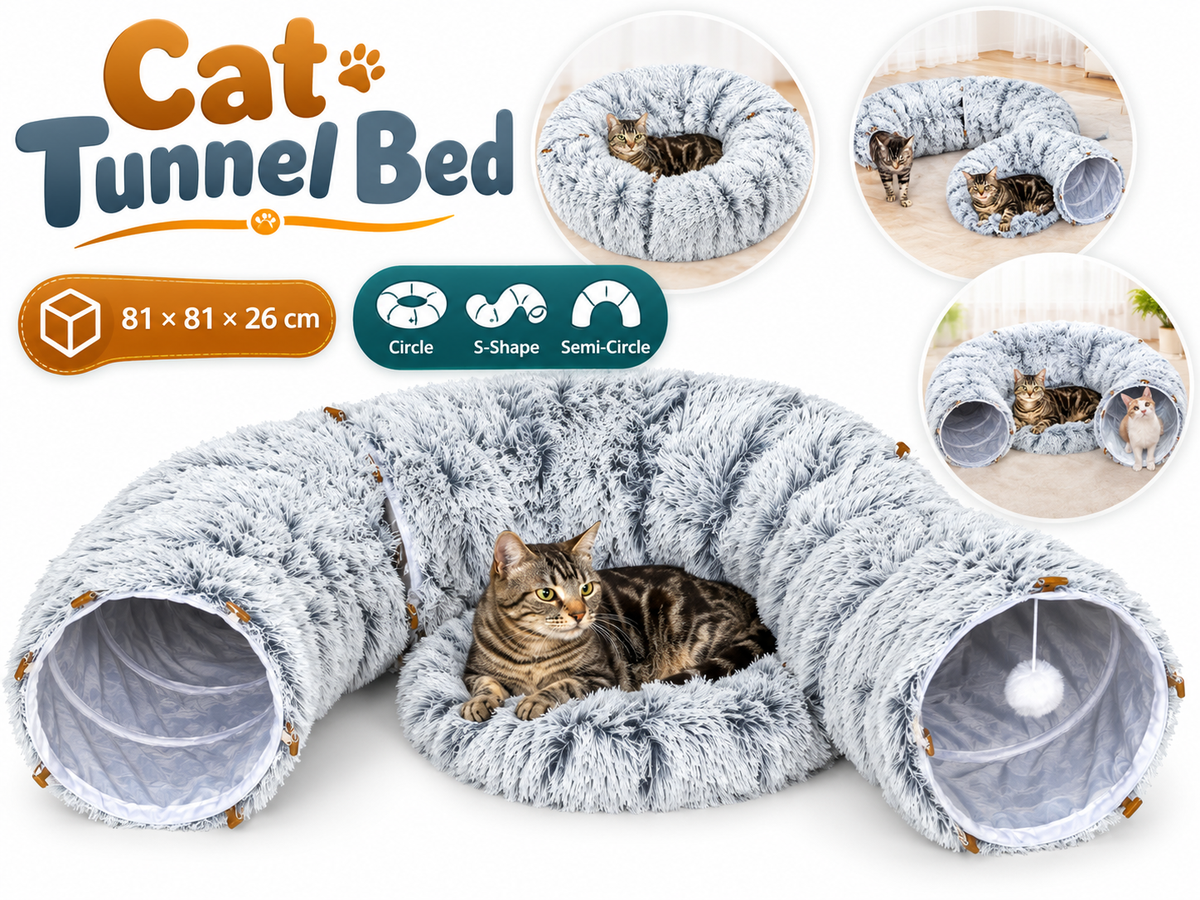 Cat Tunnel Bed Round Plush Cave with Soft Mat and Dangling Toys Grey
