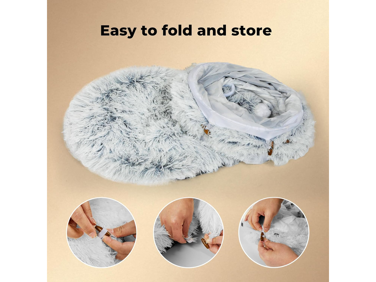 Cat Tunnel Bed Round Plush Cave with Soft Mat and Dangling Toys Grey