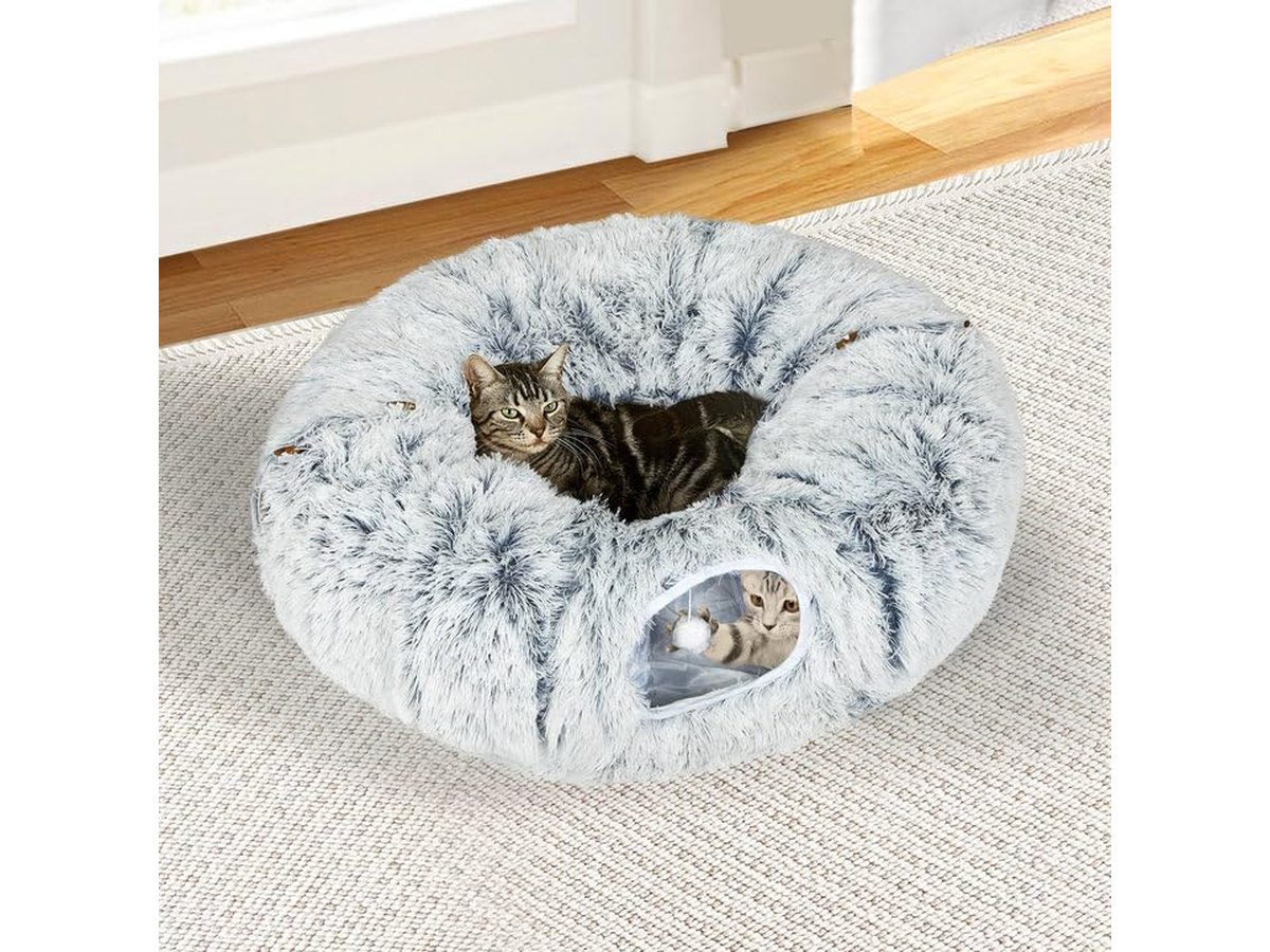 Cat Tunnel Bed Round Plush Cave with Soft Mat and Dangling Toys Grey