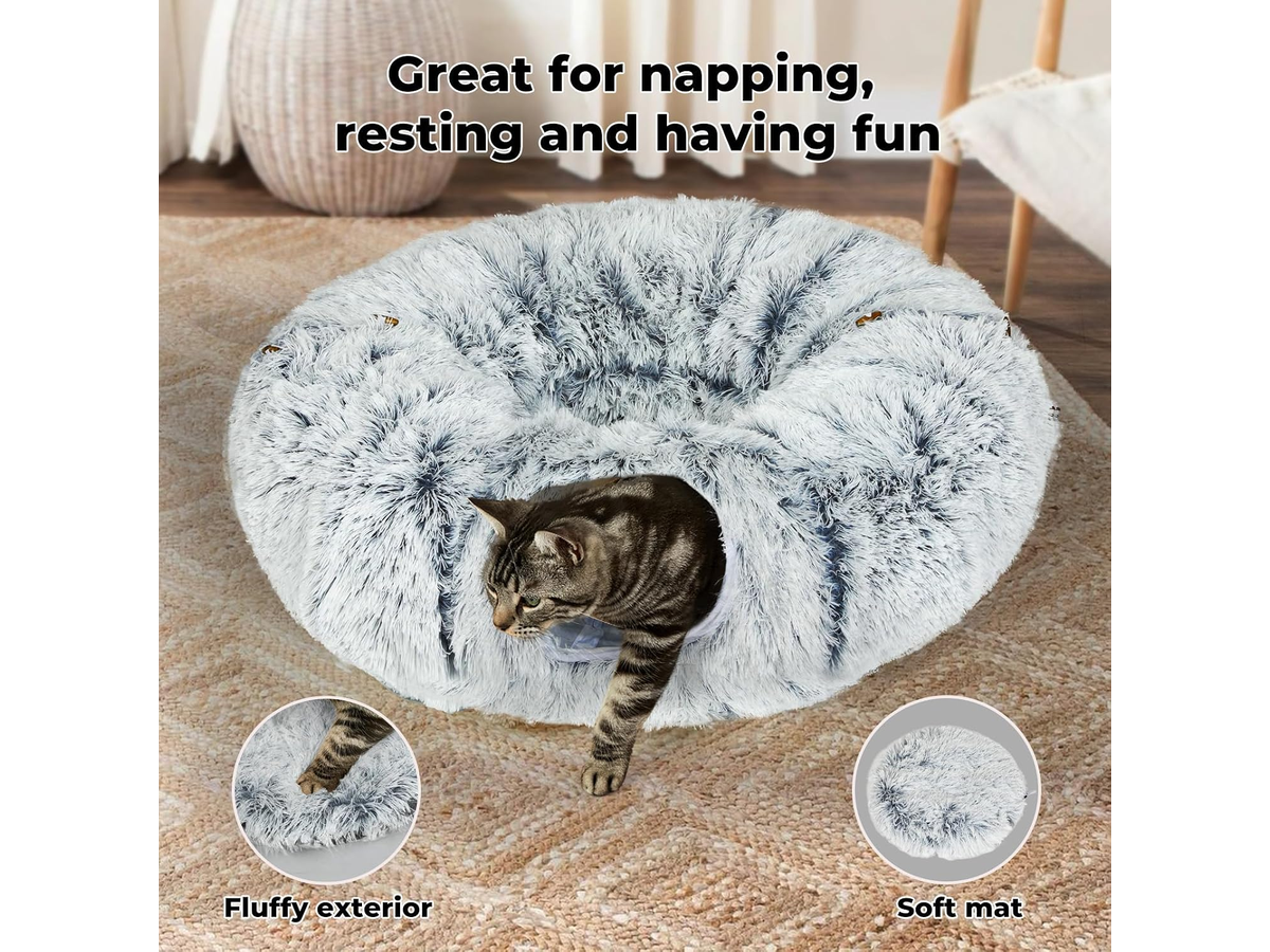 Cat Tunnel Bed Round Plush Cave with Soft Mat and Dangling Toys Grey