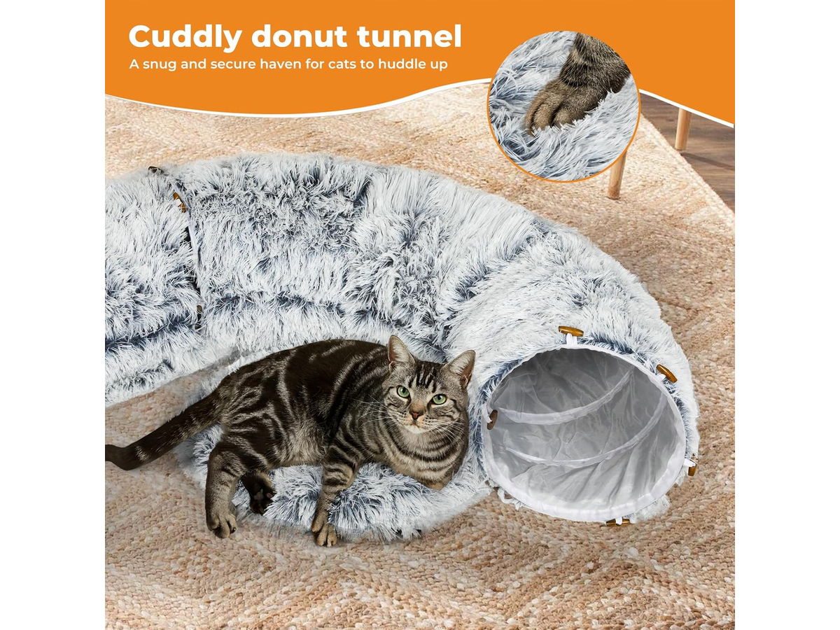Cat Tunnel Bed Round Plush Cave with Soft Mat and Dangling Toys Grey