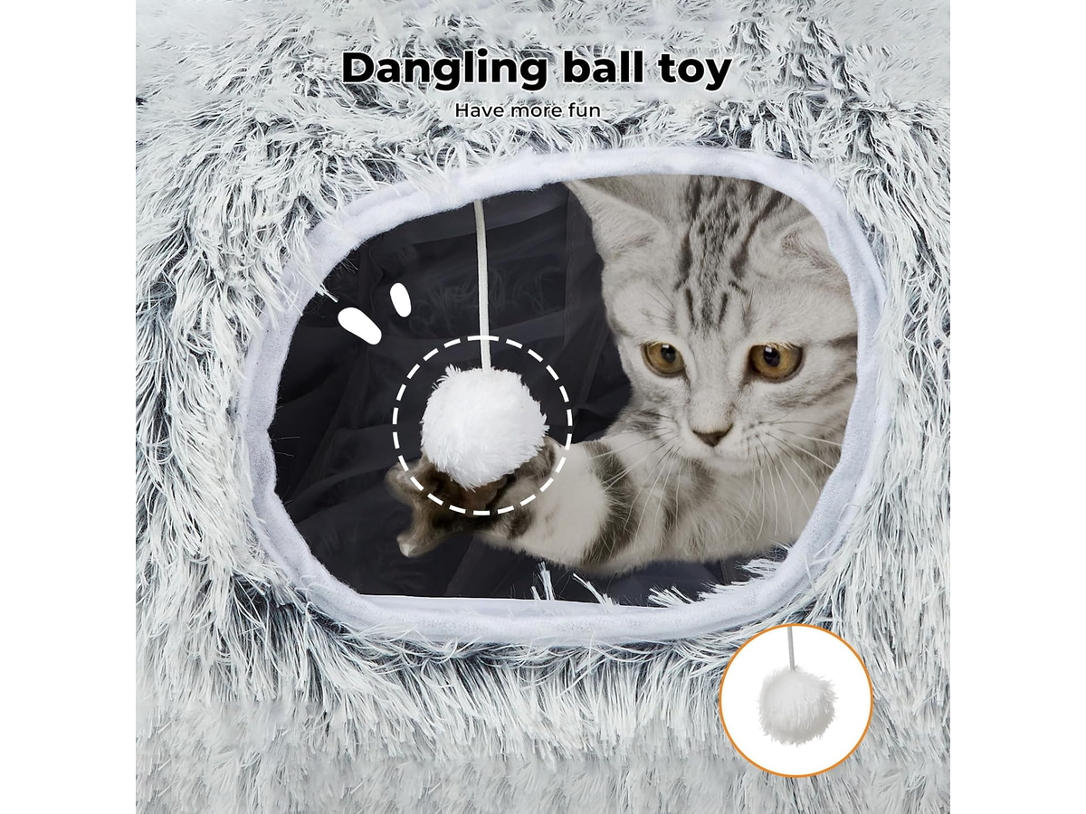 Cat Tunnel Bed Round Plush Cave with Soft Mat and Dangling Toys Grey