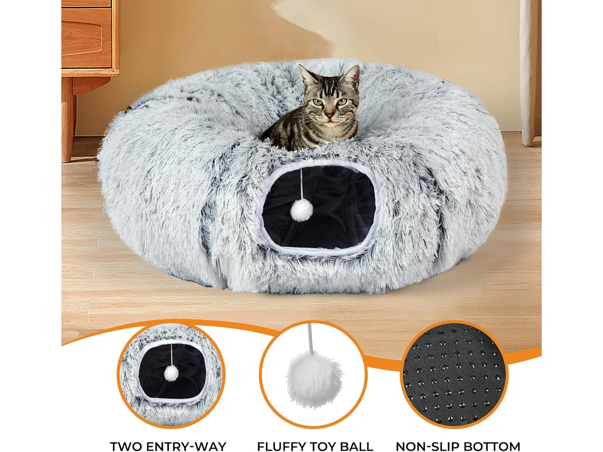 Cat Tunnel Bed Round Plush Cave with Soft Mat and Dangling Toys Grey