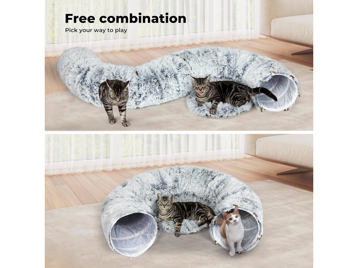 Cat Tunnel Bed Round Plush Cave with Soft Mat and Dangling Toys Grey