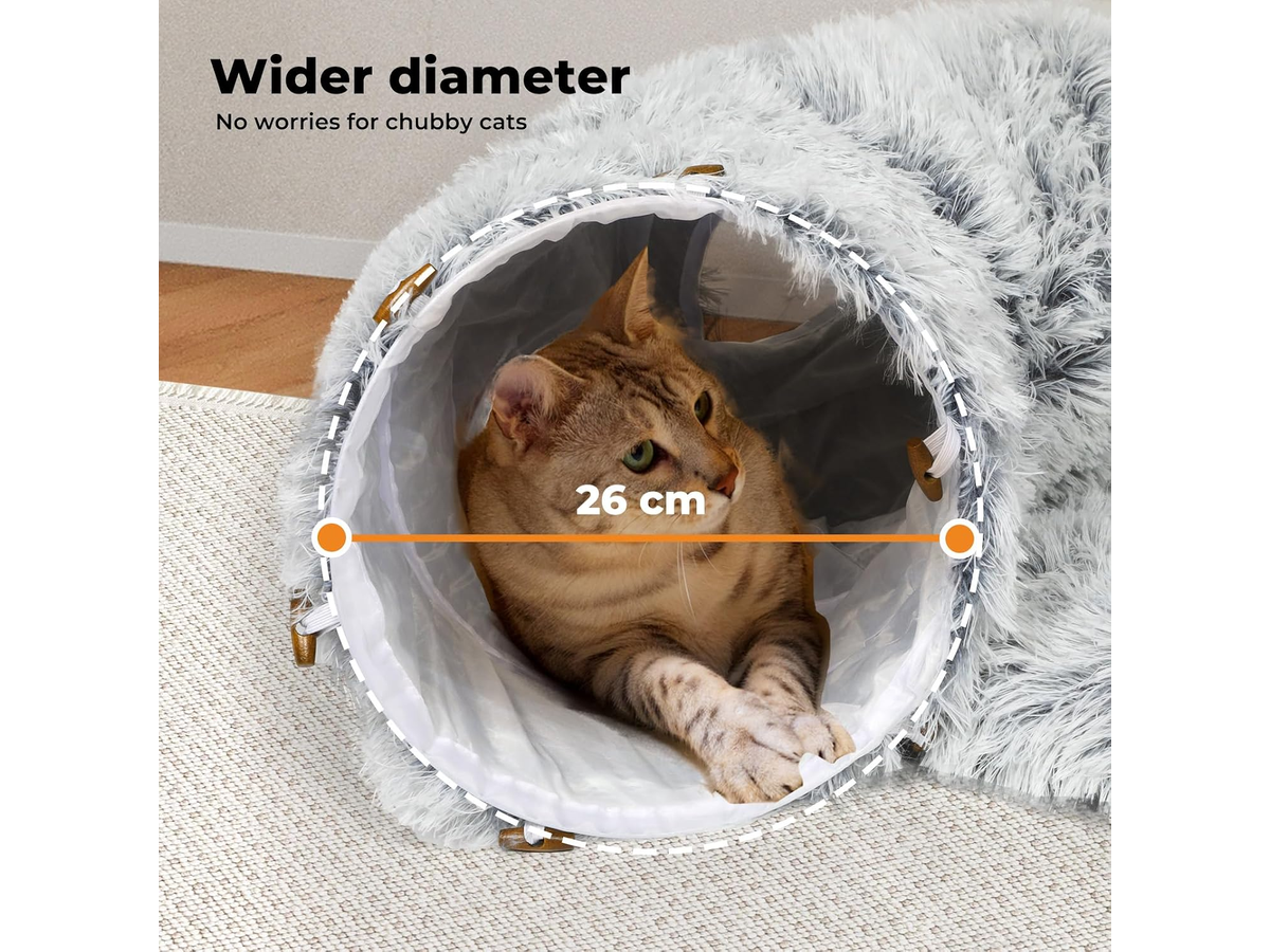 Cat Tunnel Bed Round Plush Cave with Soft Mat and Dangling Toys Grey