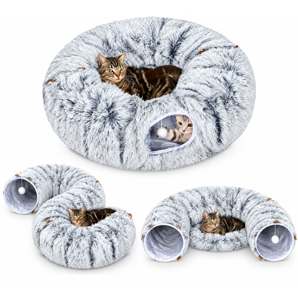 Cat Tunnel Bed Round Plush Cave with Soft Mat and Dangling Toys Grey