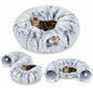 Cat Tunnel Bed Round Plush Cave with Soft Mat and Dangling Toys Grey