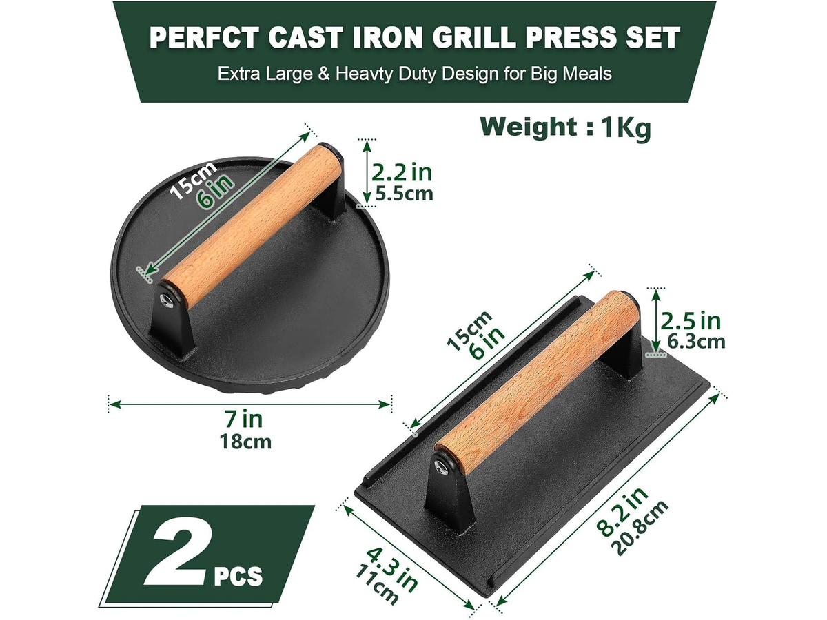 Cast Iron Grill Press 2 Pack Round & Rectangular Smash Burger Press