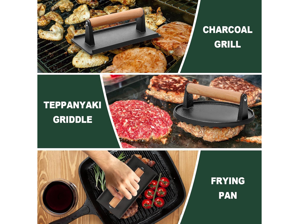 Cast Iron Grill Press 2 Pack Round & Rectangular Smash Burger Press