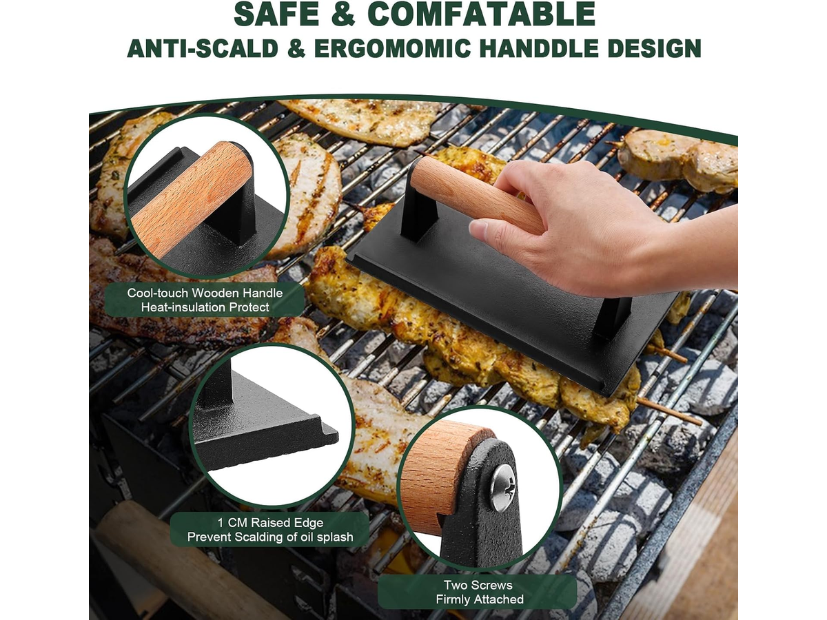 Cast Iron Grill Press 2 Pack Round & Rectangular Smash Burger Press