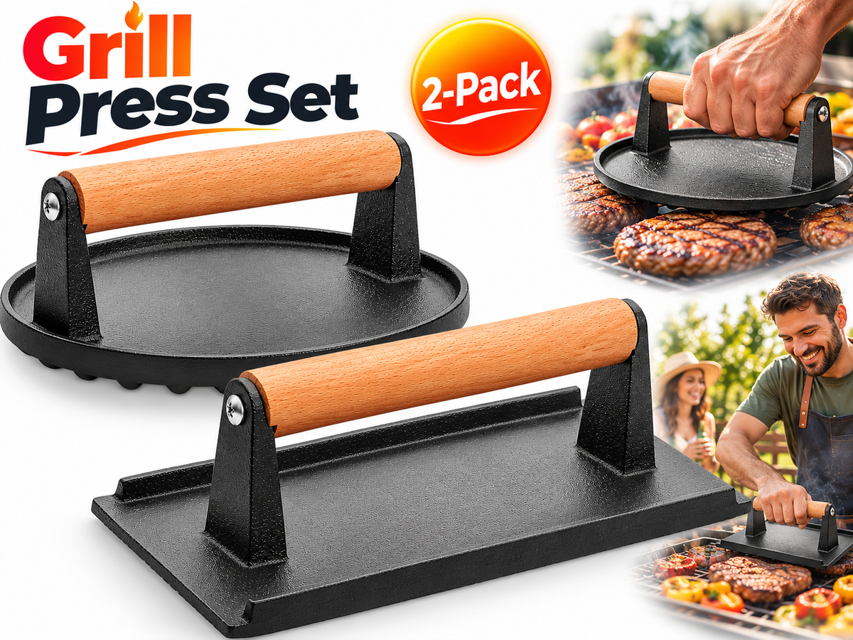 Cast Iron Grill Press 2 Pack Round & Rectangular Smash Burger Press