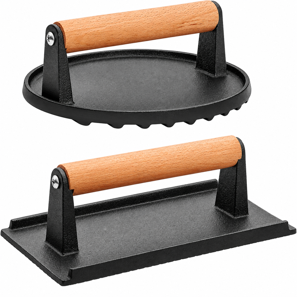 Cast Iron Grill Press 2 Pack Round & Rectangular Smash Burger Press